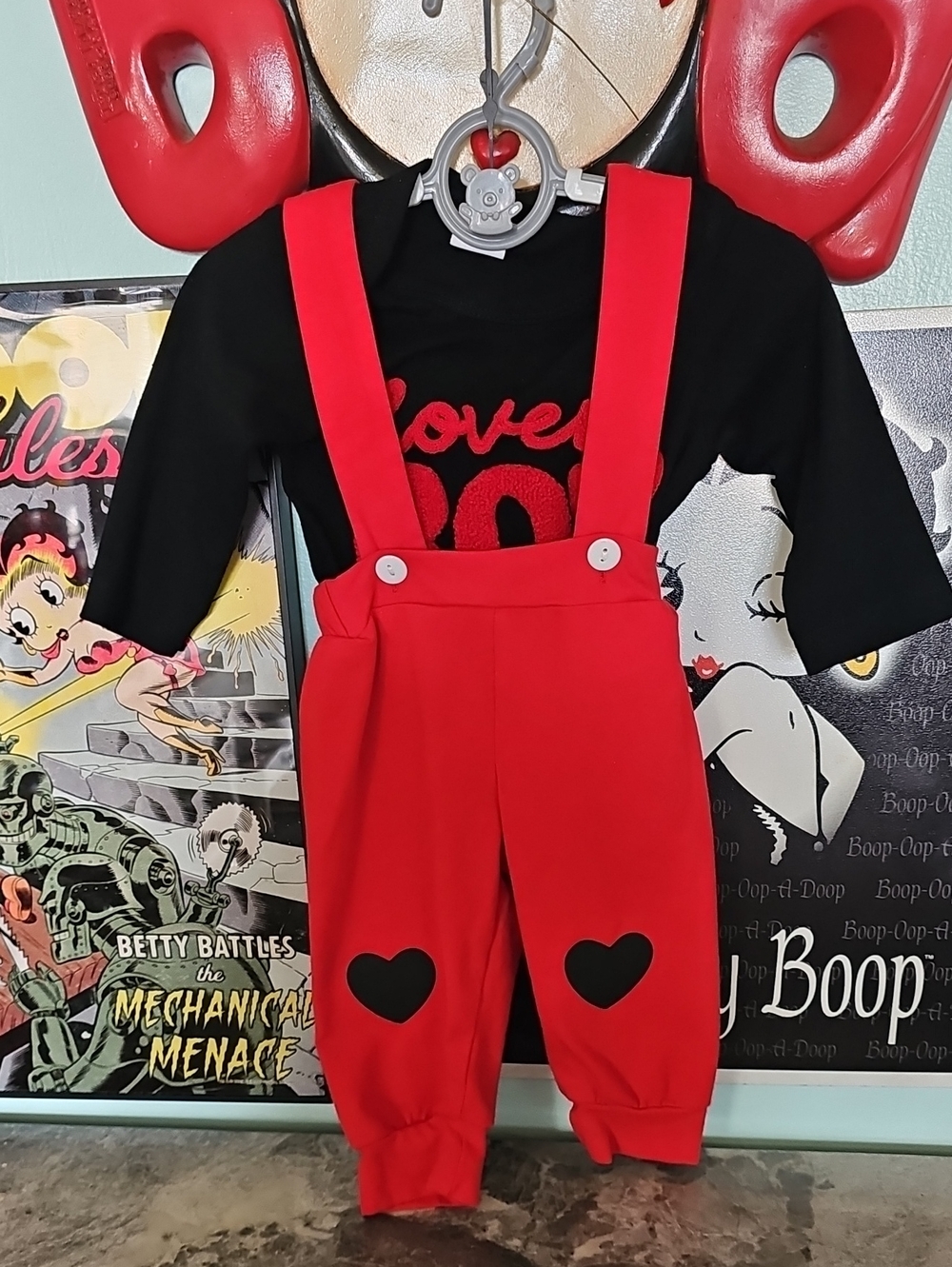 Toddler Valentine's Day Outfit Red Heart Suspender Pants & Black Long Sleeve Set